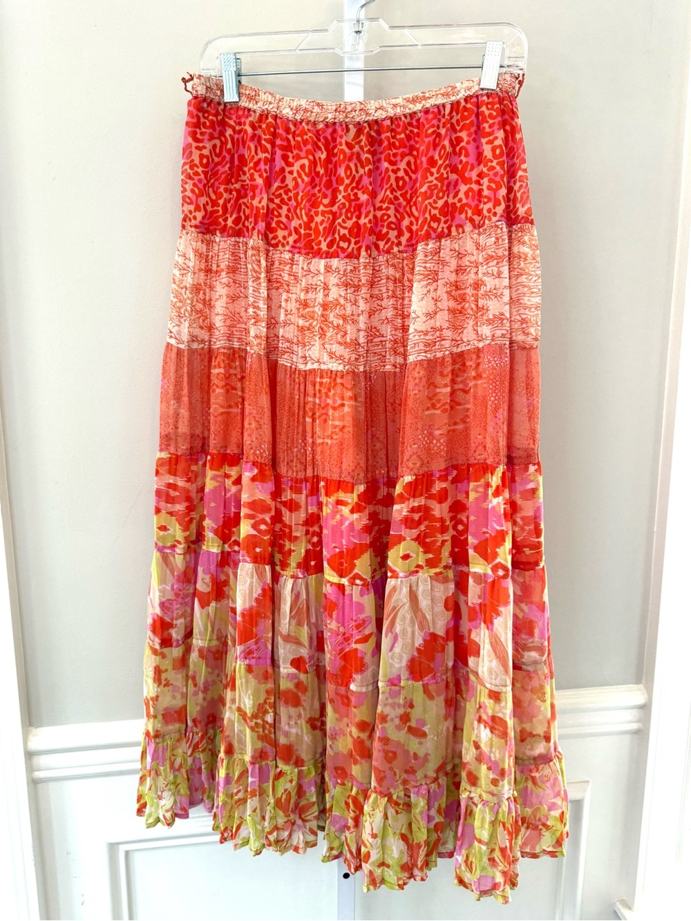 Multiples Coral Pink Floral Tiered Maxi Skirt Boho Flowy Size M